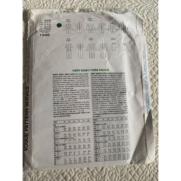 Vogue Misses Dress Tunic Skirt Sewing Pattern 1288 Sz 8 - 10 - Uncut - Picture 6 of 9